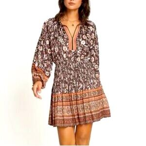 Current Air Brown Floral Long Sleeve Dress Silk Small Anthropology